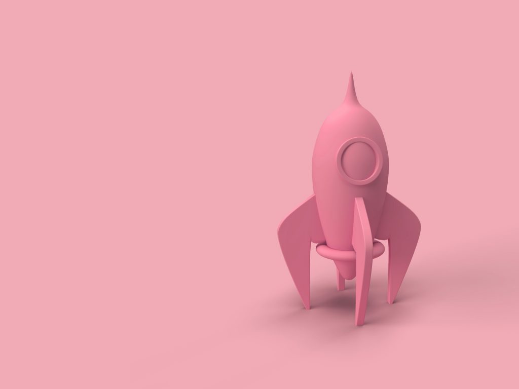 A retro spaceship rocket set against ready to launch. 3D illustration.